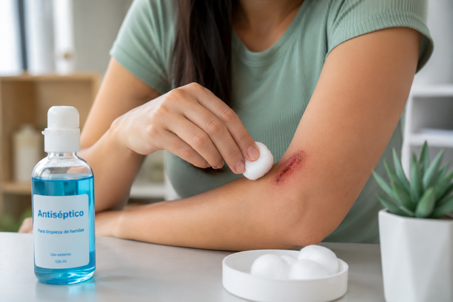 Persona aplicando antiséptico con algodón sobre una herida en el brazo para acelerar la cicatrización.