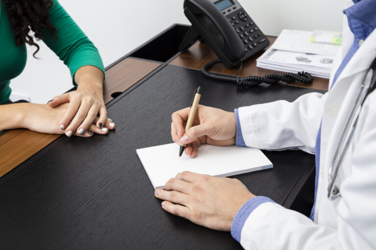 Médico escribiendo una receta a una persona que lo consulta por falta de energía.