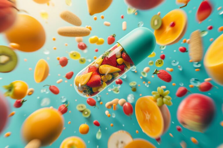 Cápsula multivitamínica rodeada de frutas frescas, representando el aporte de vitaminas, minerales y nutrientes esenciales para el bienestar diario.
