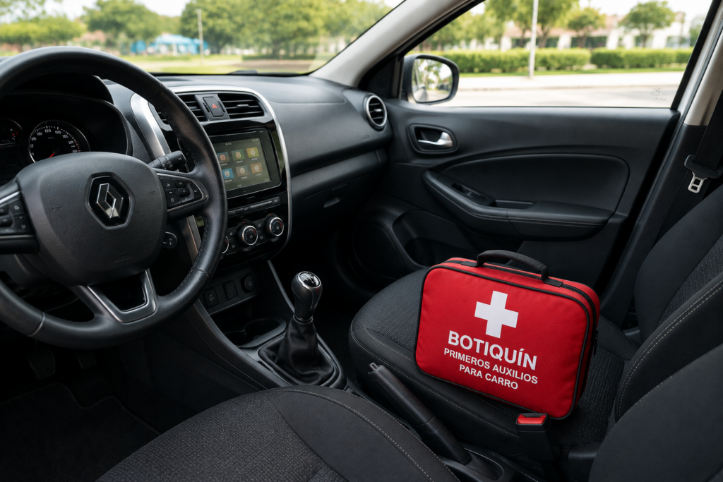 Botiquín de primeros auxilios para carro organizado dentro del baúl de un vehículo.