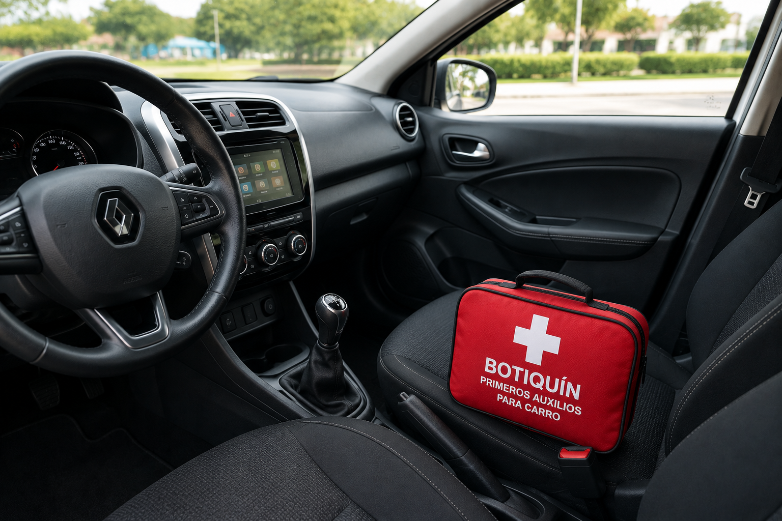 Botiquín de primeros auxilios para carro organizado dentro del baúl de un vehículo.