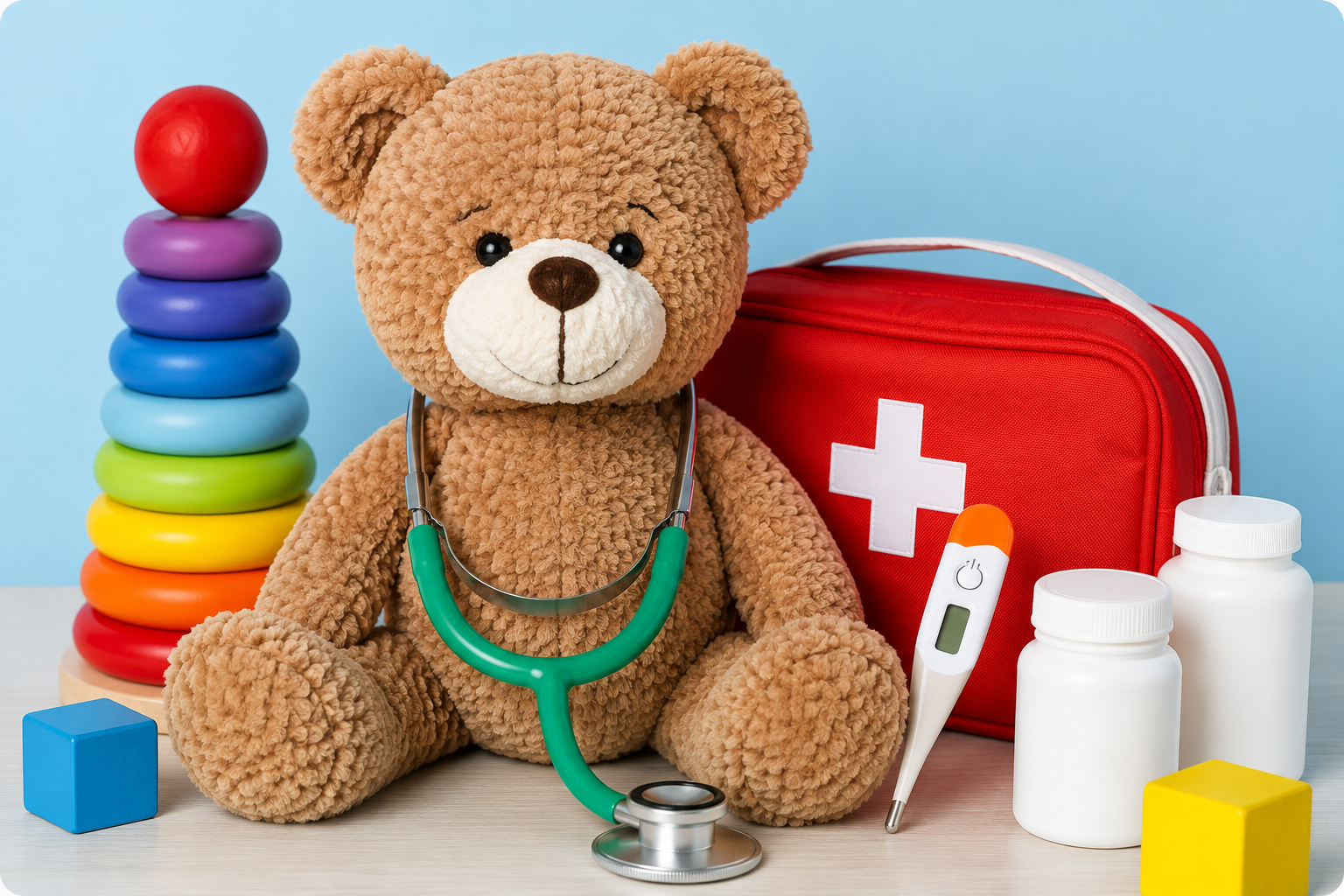 Botiquín de primeros auxilios para niños con oso de peluche, estetoscopio, termómetro digital, medicamentos y juguetes sobre una mesa.