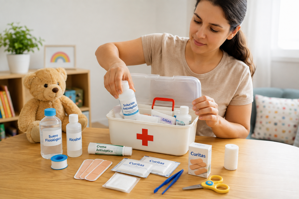 Madre organizando el botiquín de primeros auxilios para niños con antisépticos y curitas sobre la mesa.