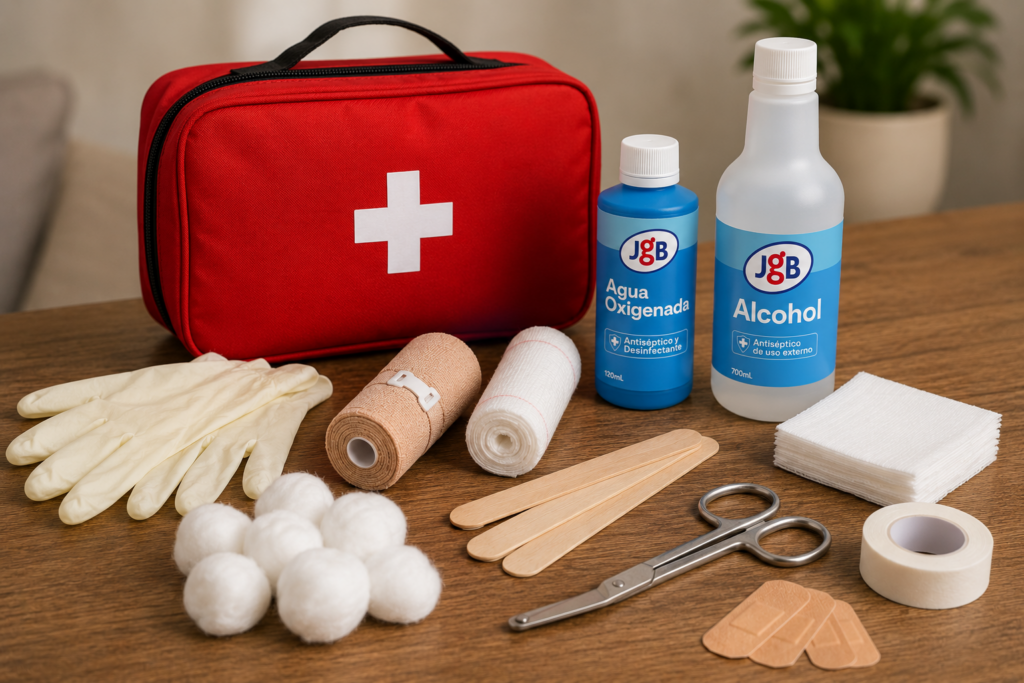 Botiquín con algodón, alcohol antiséptico y agua oxigenada JGB listo para curar heridas en casa.