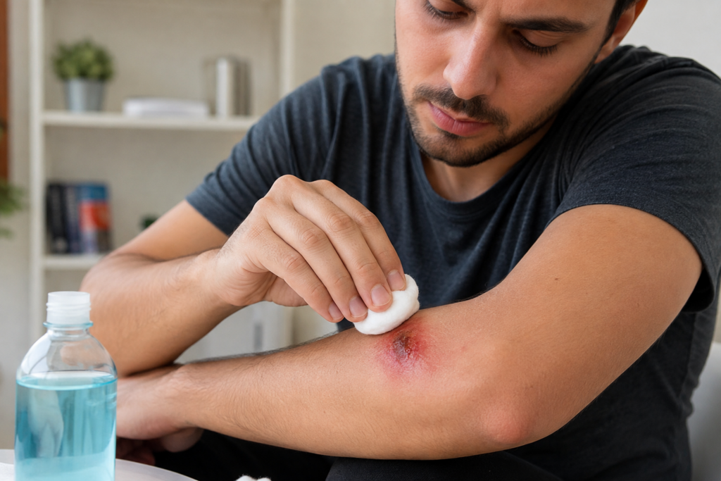 Persona limpiando una herida infectada en el brazo con algodón y antiséptico.