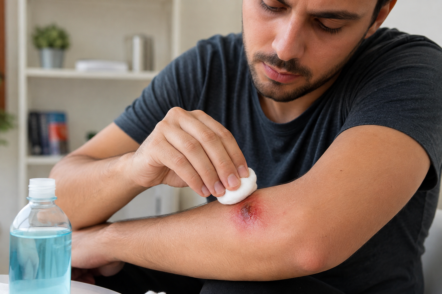 Persona limpiando una herida infectada en el brazo con algodón y antiséptico.