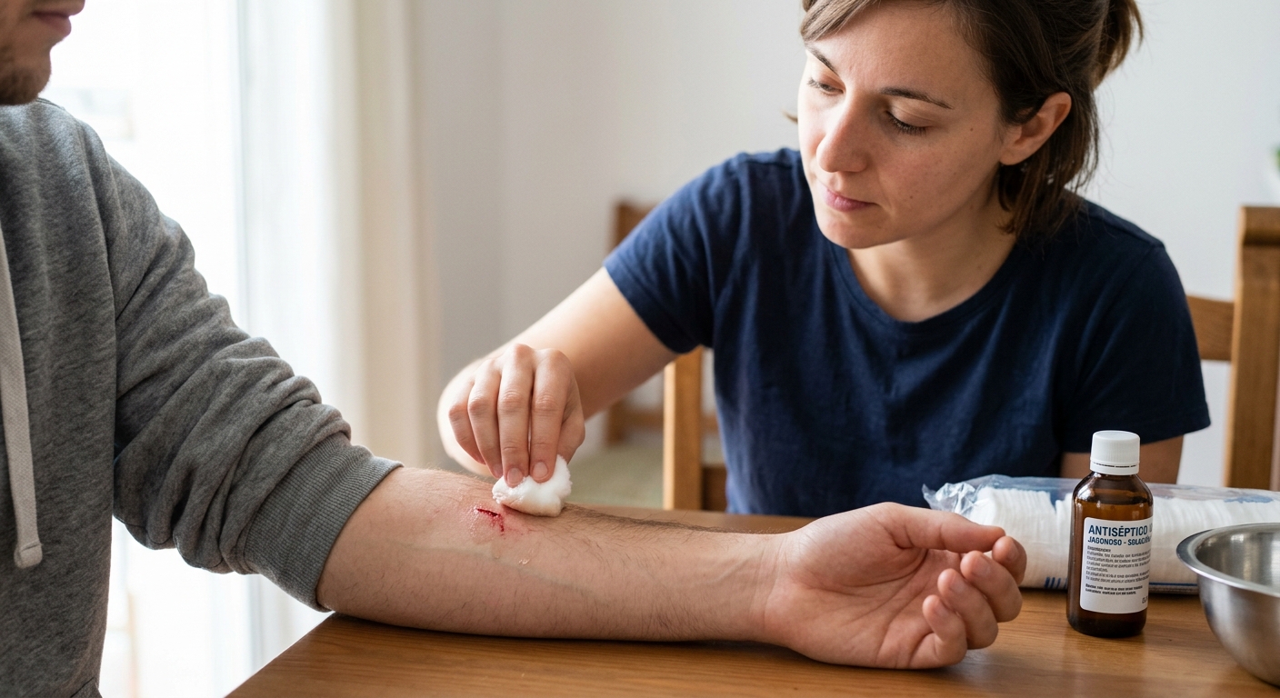 Persona aplicando antiséptico con algodón sobre una herida en el brazo.