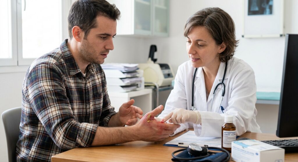 Persona consultando a un médico por una herida infectada en la mano.
