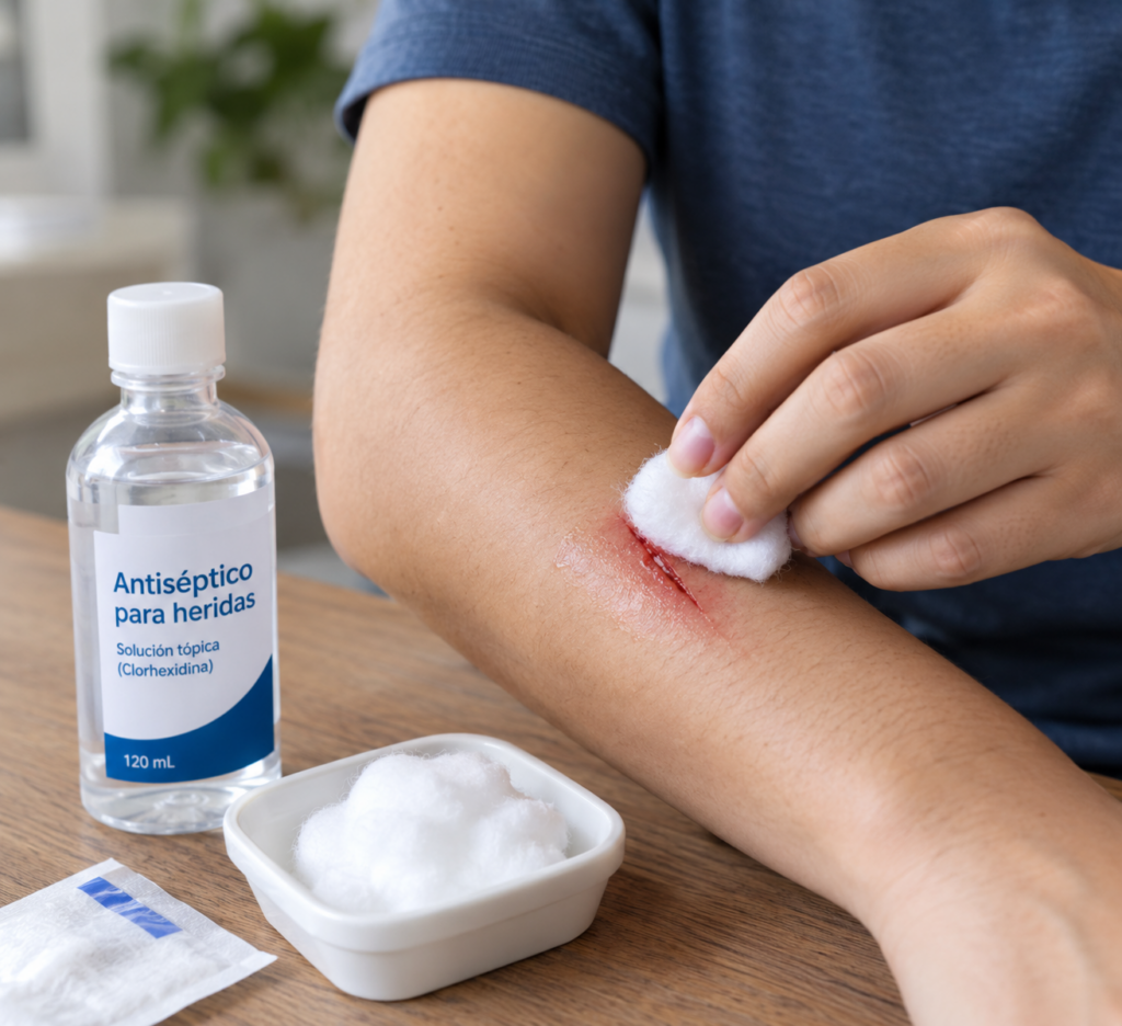 Persona aplicando desinfectante para heridas con algodón sobre una cortada en el brazo.