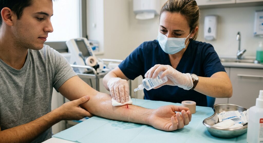 Persona aplicando antiséptico con algodón sobre una cortada en el antebrazo.