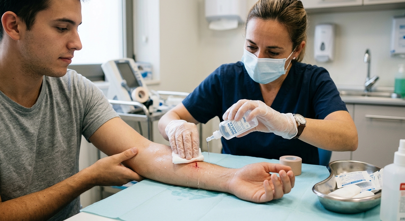 Persona aplicando antiséptico con algodón sobre una cortada en el antebrazo.