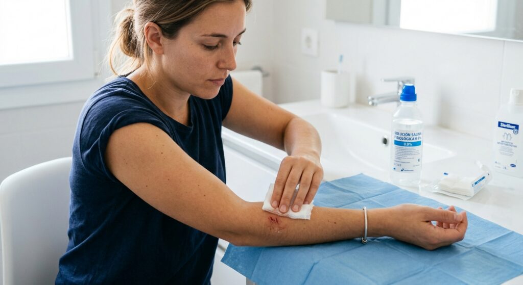 Persona limpiando una herida en el antebrazo con solución salina y gasa.