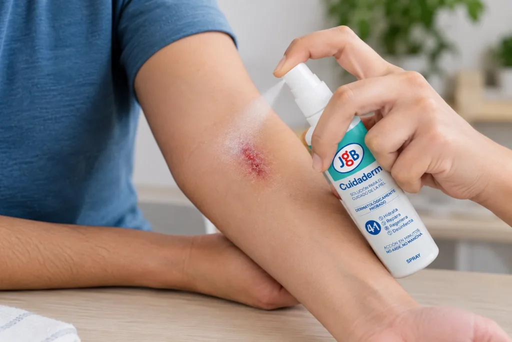 Persona aplicando un spray cicatrizante sobre una herida superficial en el antebrazo.