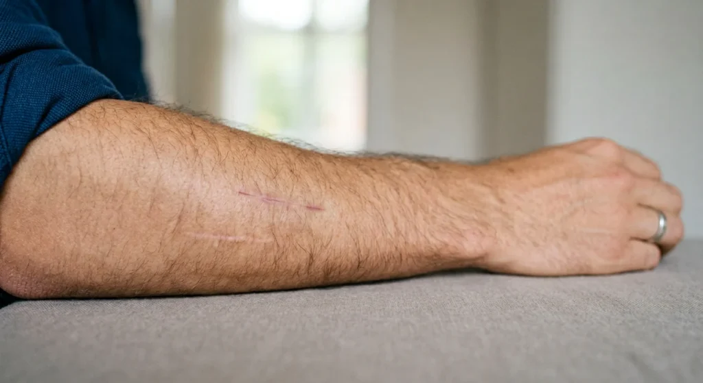 Antebrazo con pequeñas cicatrices en proceso de cicatrización tras la curación de una herida.
